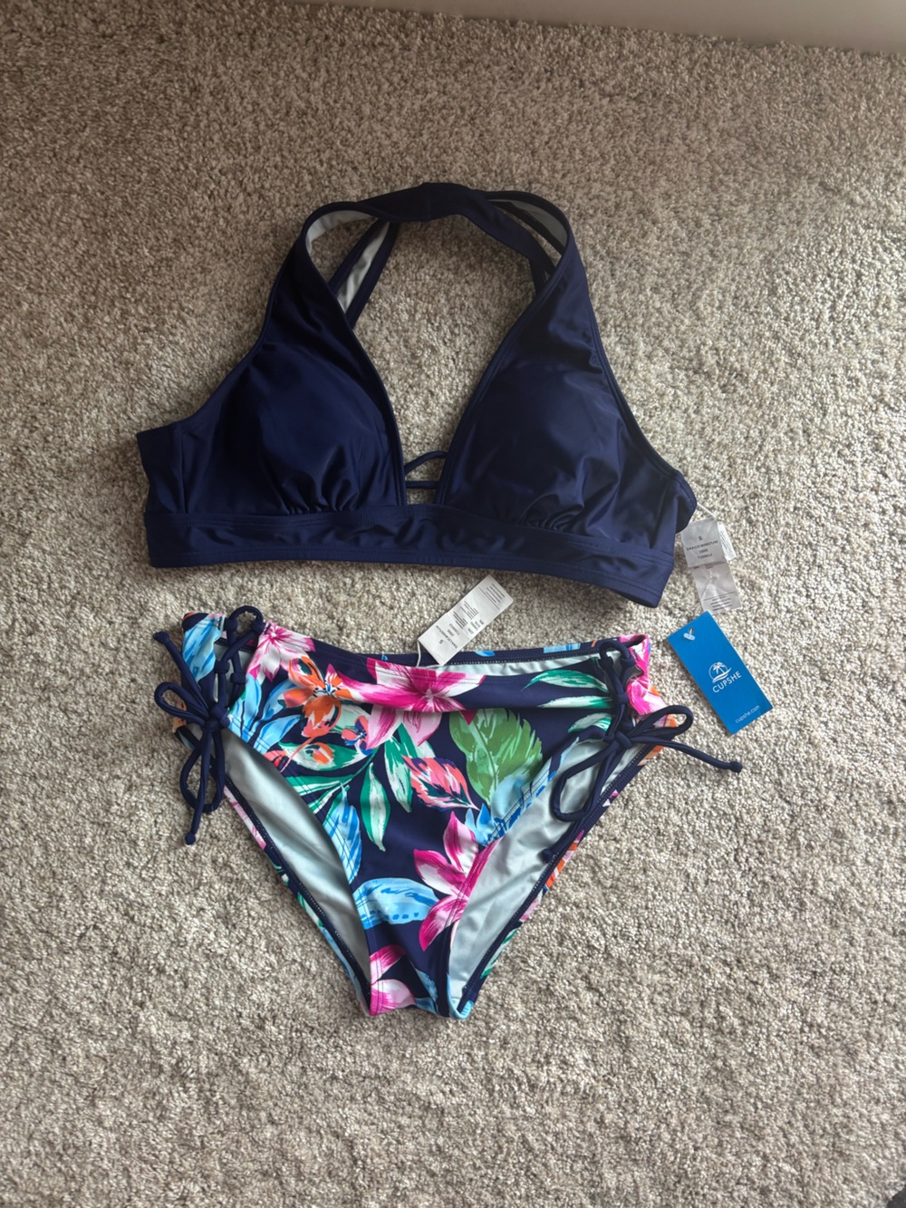 Cupshe Navy Floral Tie-Side Bikini Set